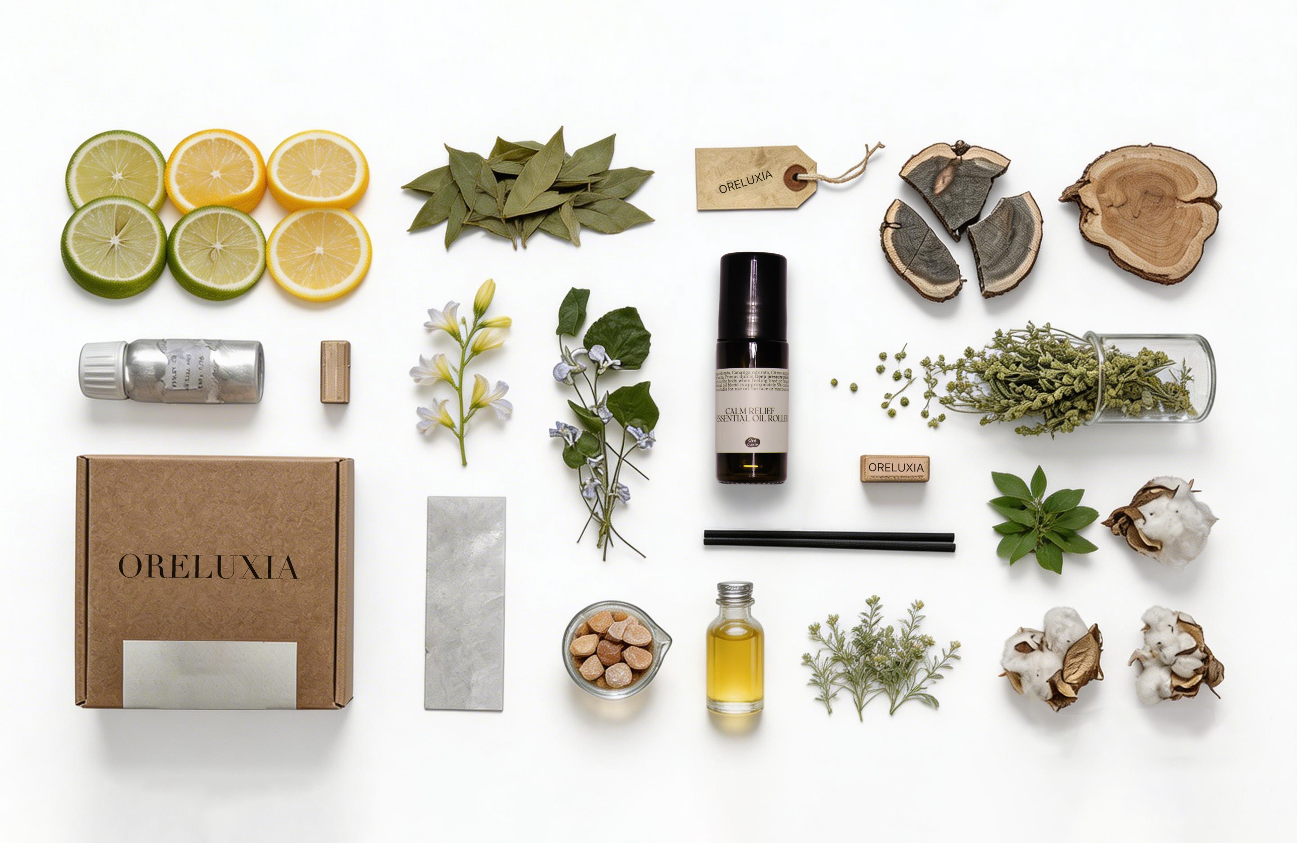 Oreluxia ingredients and product still life composition